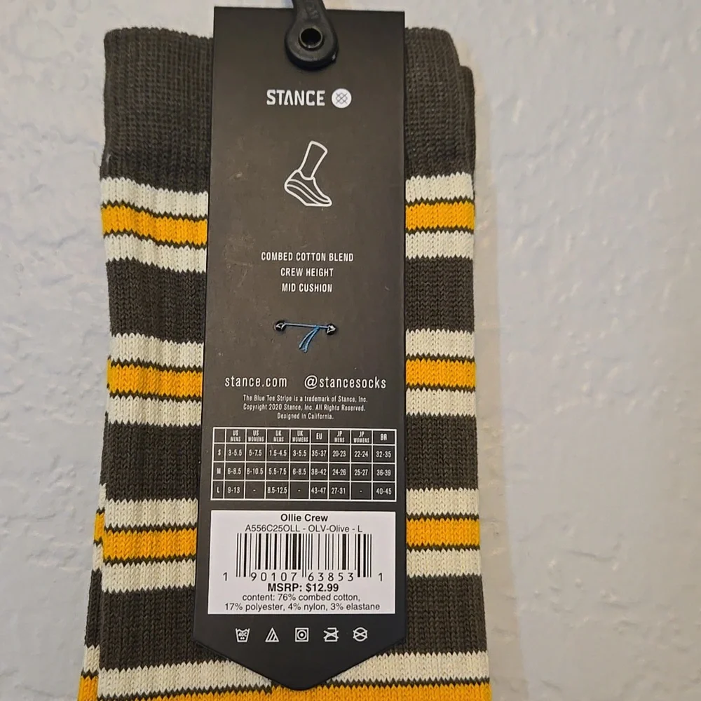 Stance Casual Striped Socks - Olive Green, Yellow, Cream, Mens L 9-13, Cotton